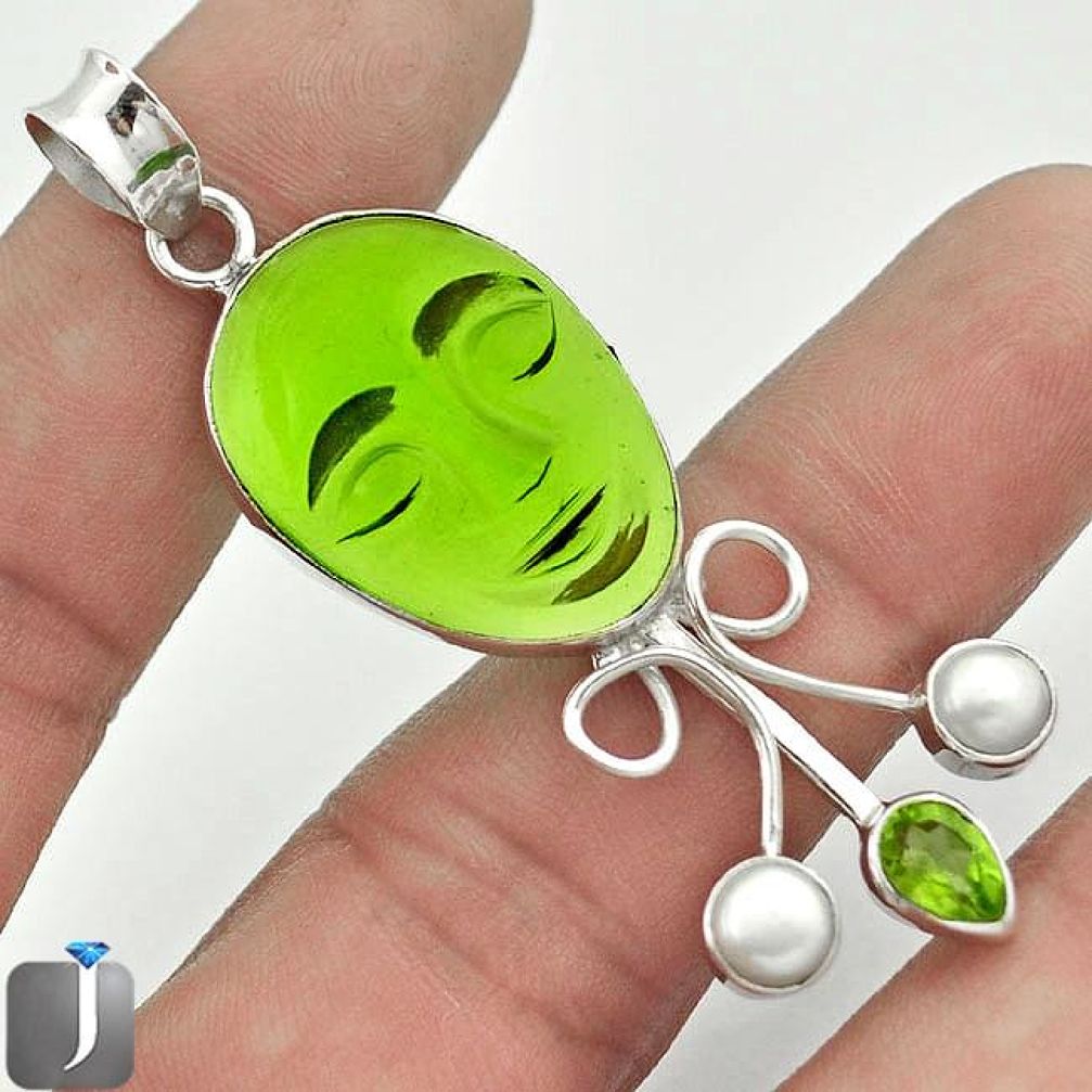 22.93cts GREEN PARROT QUARTZ PERIDOT MAN FACE 925 SILVER PENDANT JEWELRY F3827