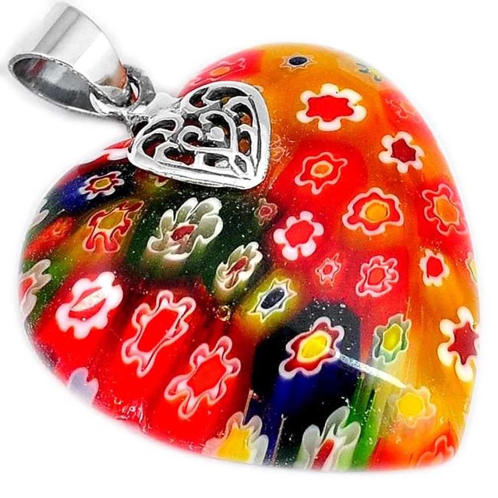 Heart italian murano flower glass oval 925 sterling silver pendant h45869