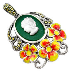 8.10cts lady face cameo chalcedony enamel 925 silver flower pendant c4404