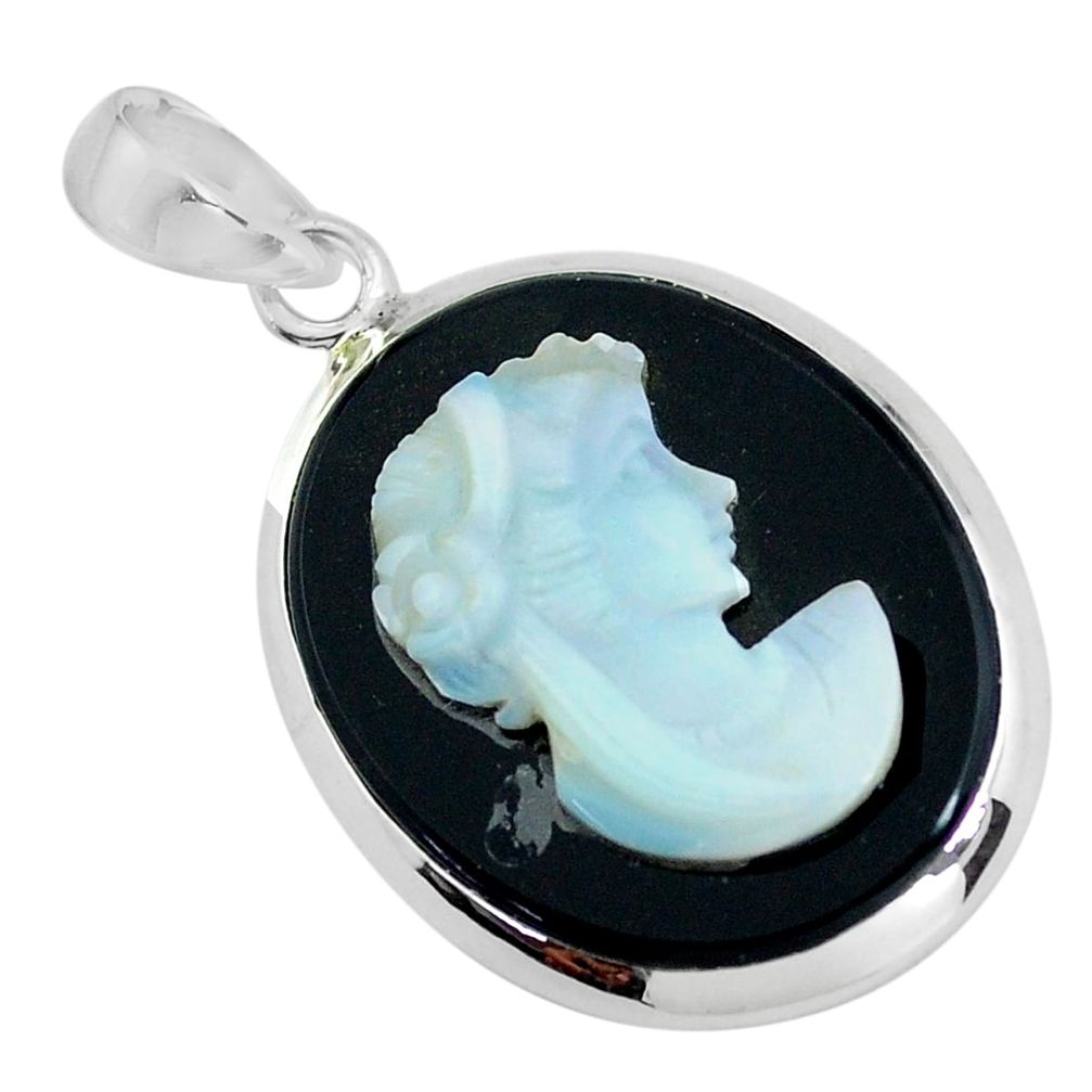 16.73cts lady face natural black opal cameo on black onyx silver pendant d31922