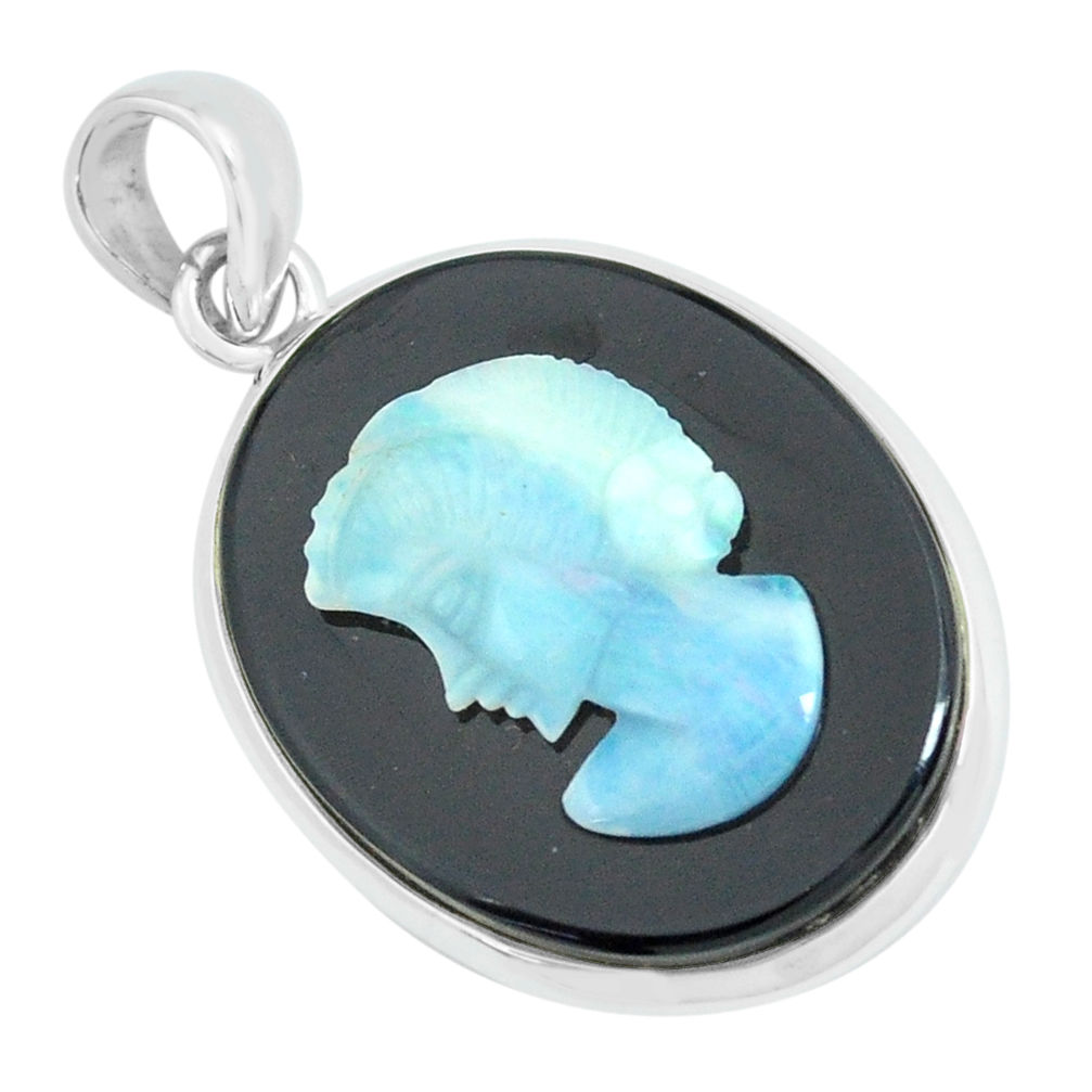 14.72cts lady face natural black opal cameo on black onyx silver pendant p68781