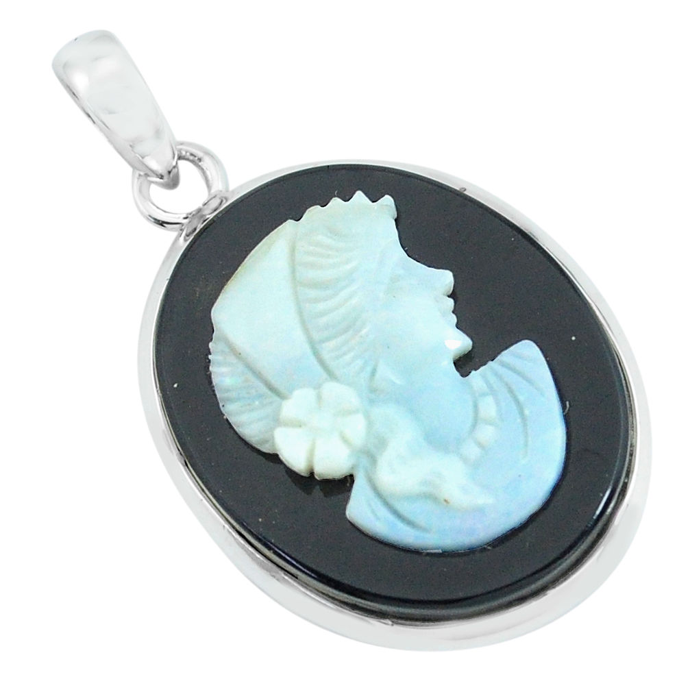 16.18cts lady face natural black opal cameo on black onyx silver pendant p68795