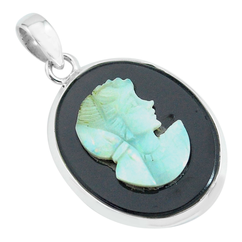 13.08cts lady face natural black opal cameo on black onyx silver pendant p68817