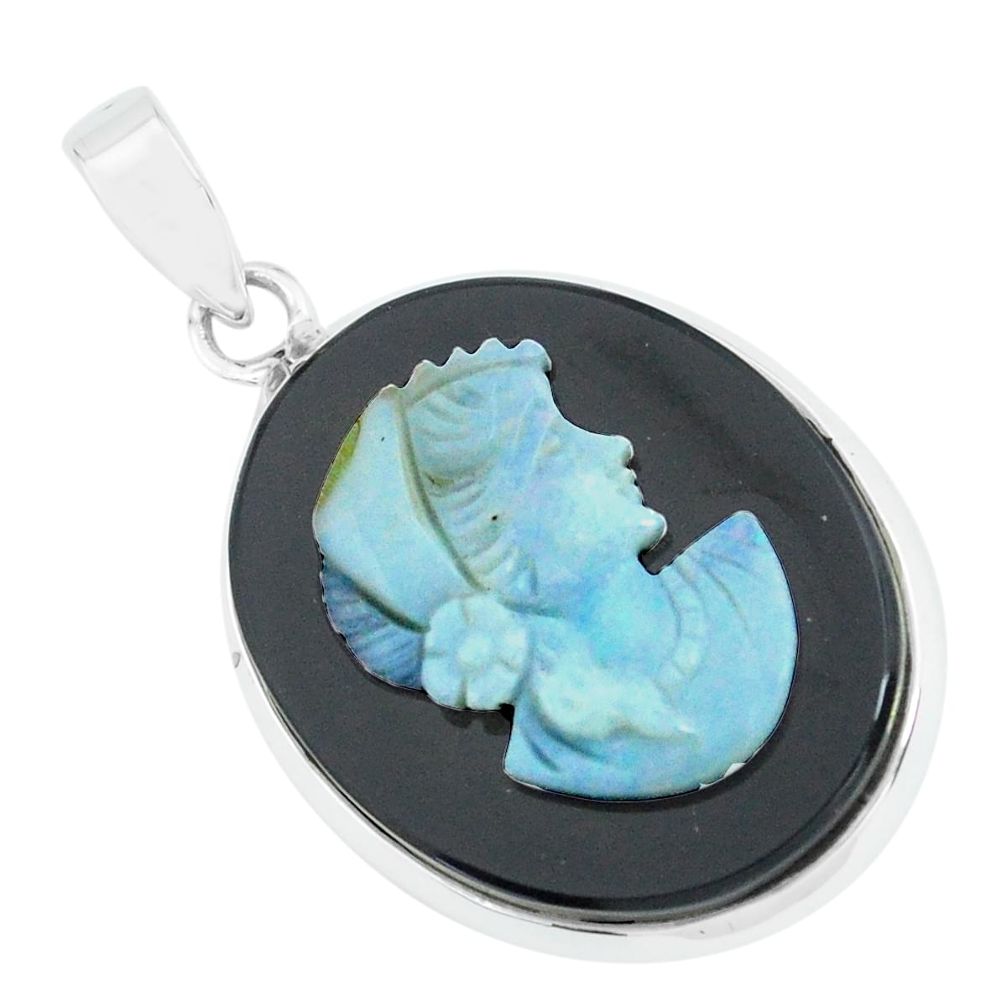 16.20cts lady face natural black opal cameo on black onyx silver pendant p68819