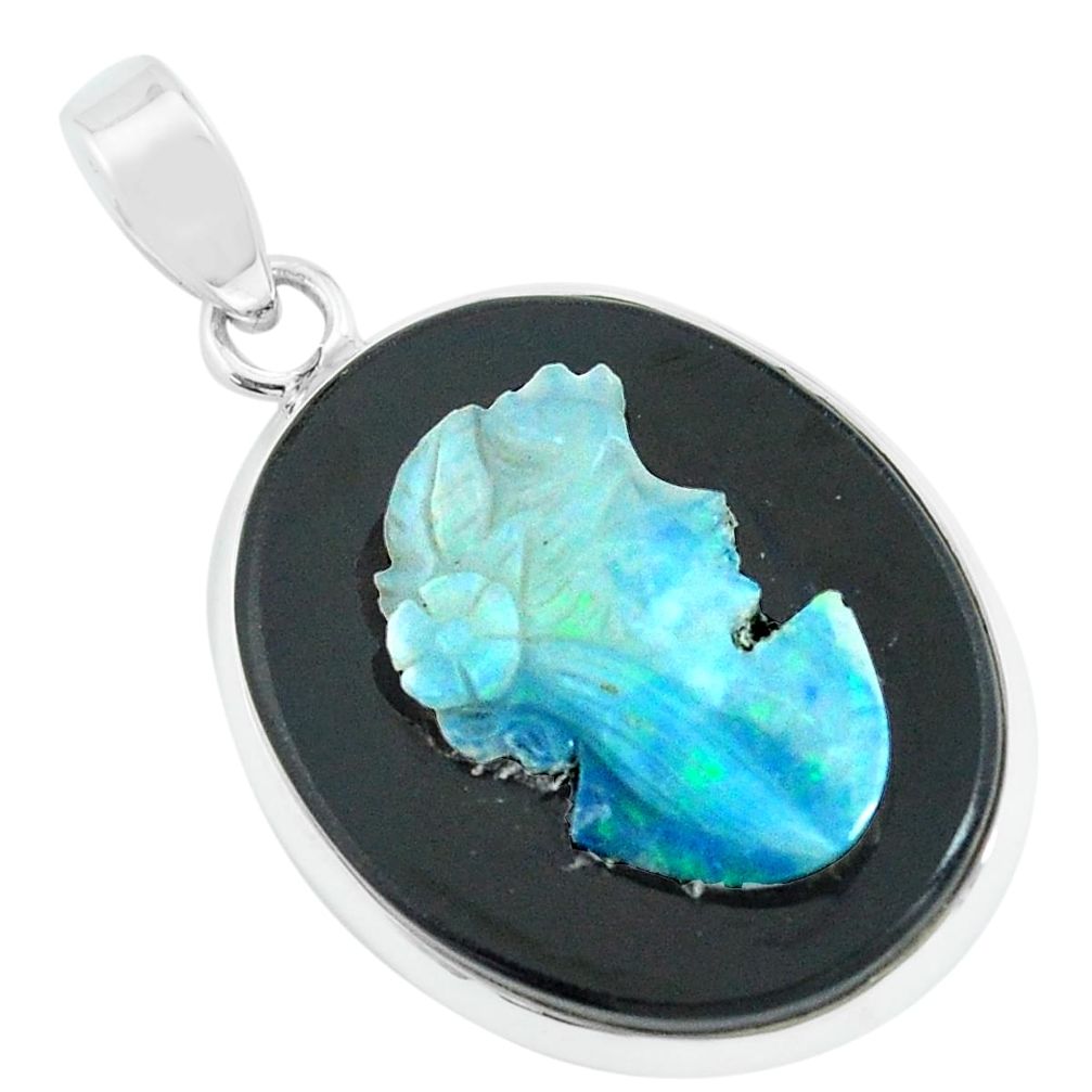 14.72cts lady face natural black opal cameo on onyx 925 silver pendant p68784