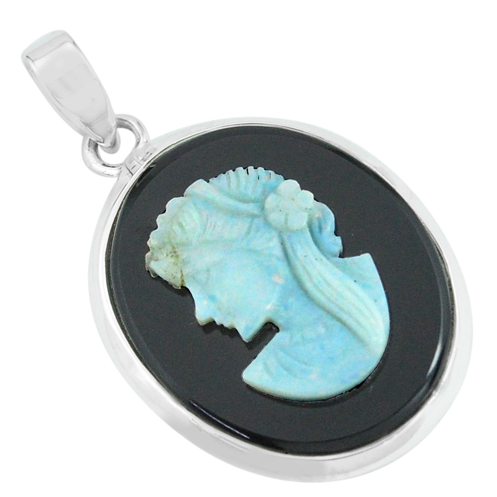 16.73cts lady face natural black opal cameo on onyx 925 silver pendant p68785