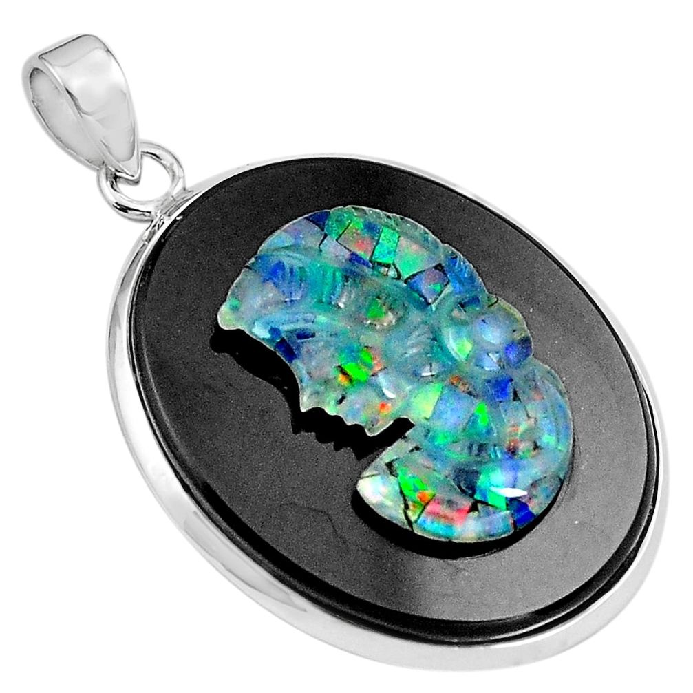 22.30cts lady face natural black opal cameo on onyx 925 silver pendant p79119