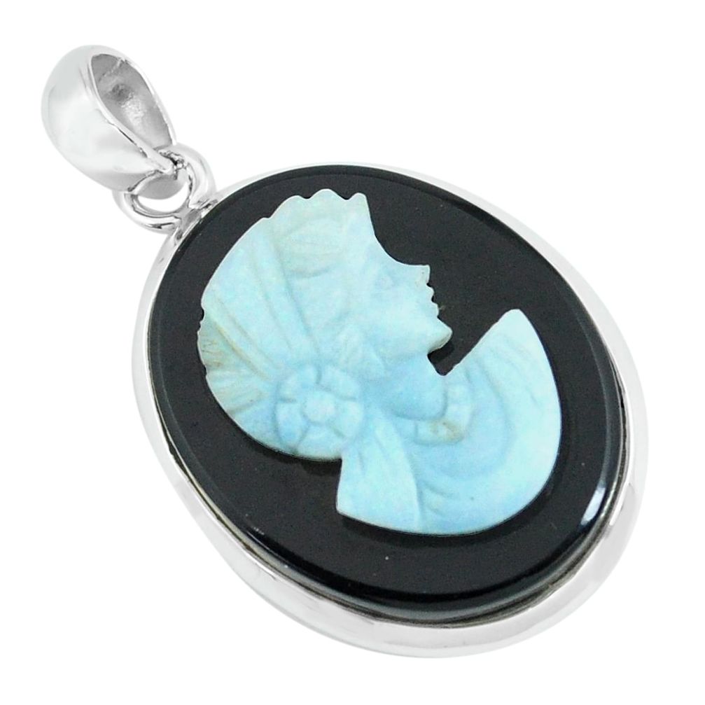 16.70cts lady face natural opal cameo on black onyx 925 silver pendant p68798