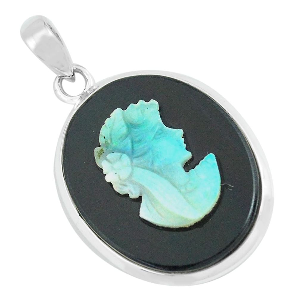 13.15cts lady face natural opal cameo on black onyx 925 silver pendant p68802