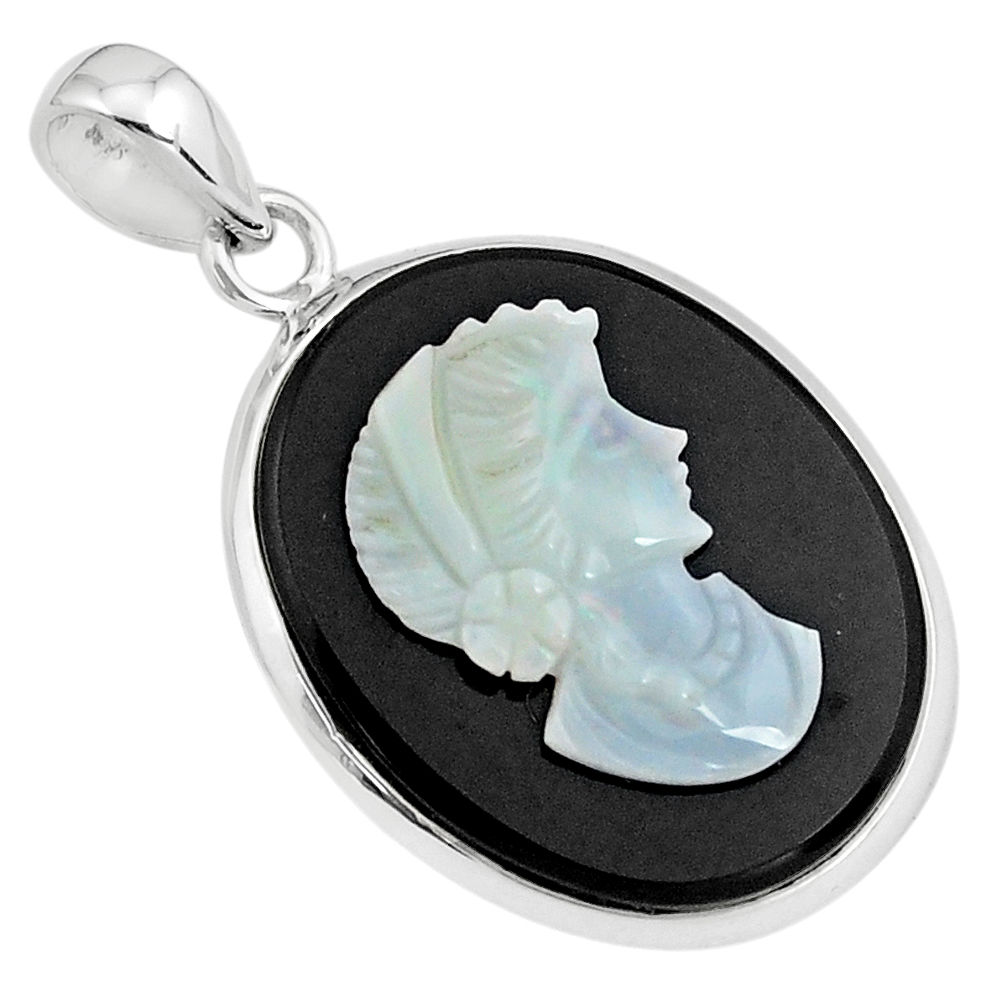15.31cts lady face natural opal cameo on black onyx 925 silver pendant p79108