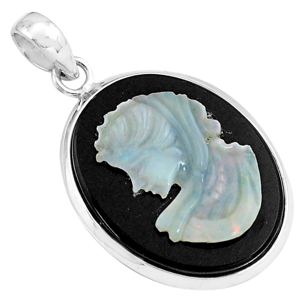14.79cts lady face natural opal cameo on black onyx 925 silver pendant p79110