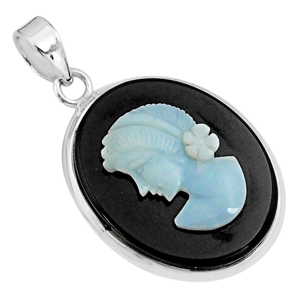 15.68cts lady face natural opal cameo on black onyx 925 silver pendant p79111