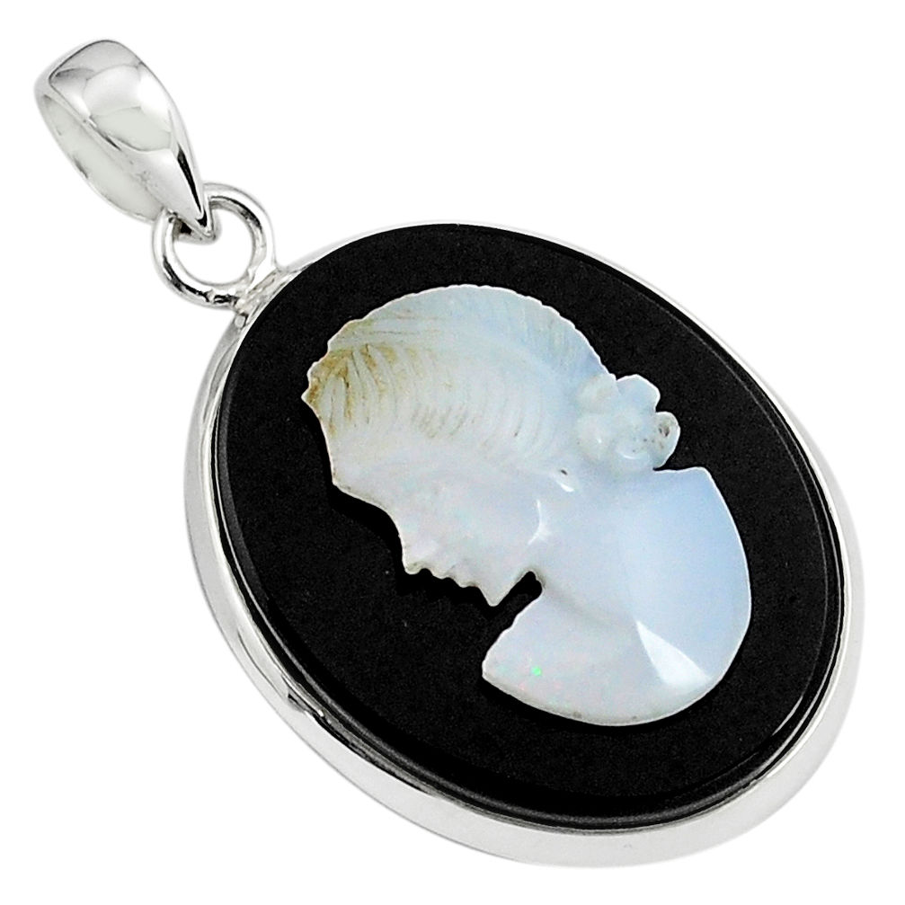 16.30cts lady face natural opal cameo on black onyx 925 silver pendant p79114