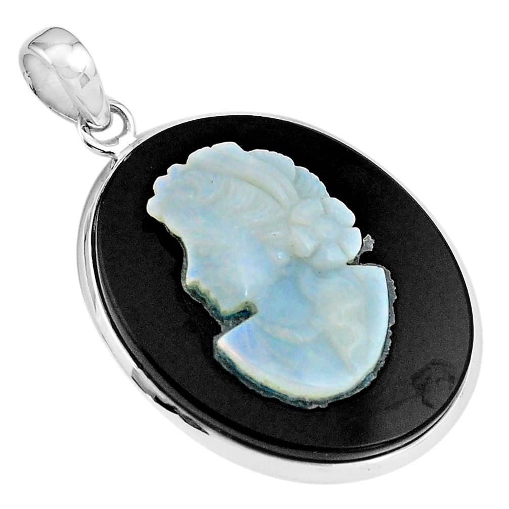 21.48cts lady face natural opal cameo on black onyx 925 silver pendant p79115