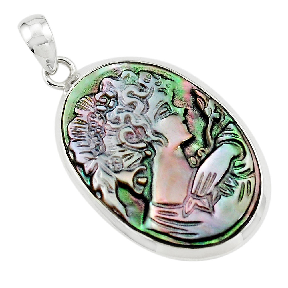 15.08cts lady face natural titanium cameo on shell 925 silver pendant p80188