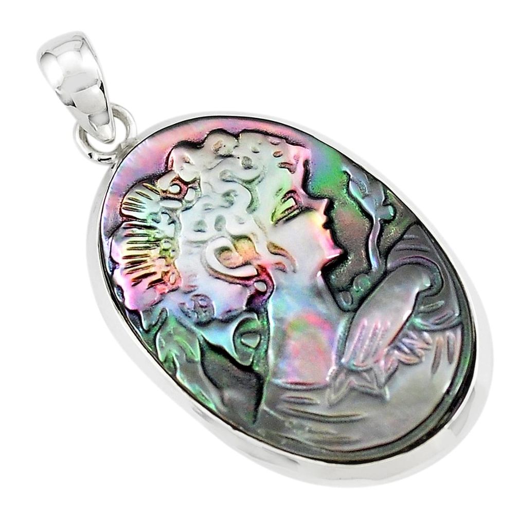 15.65cts lady face natural titanium cameo on shell 925 silver pendant p80195