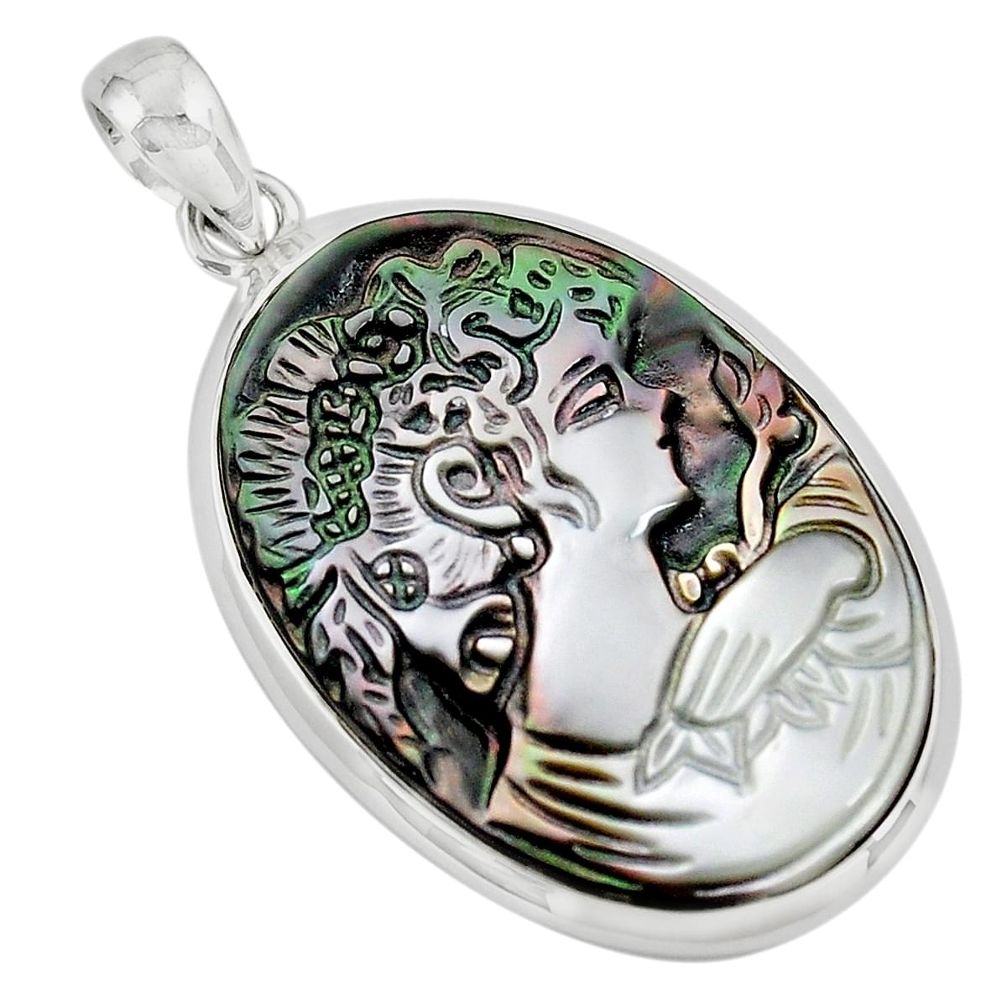 17.18cts lady face natural titanium cameo on shell 925 silver pendant p80204