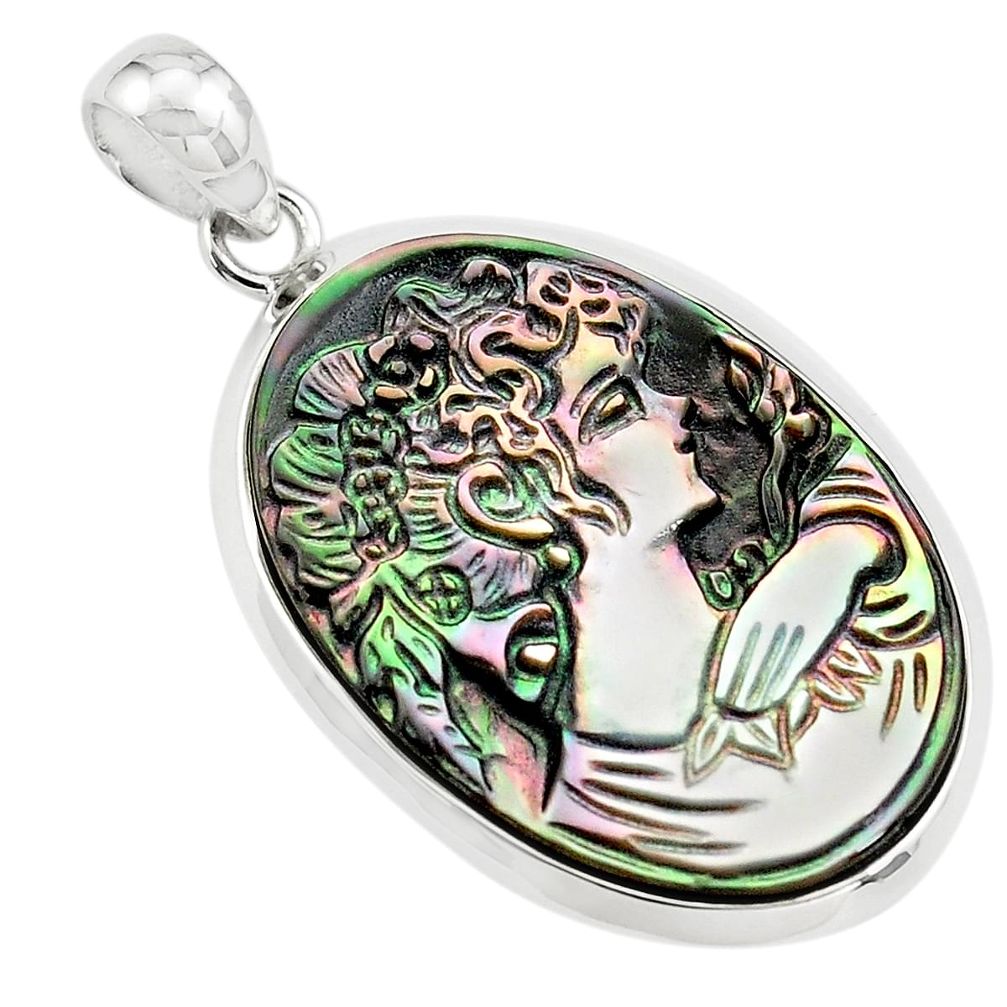 17.18cts lady face natural titanium cameo on shell 925 silver pendant p80208