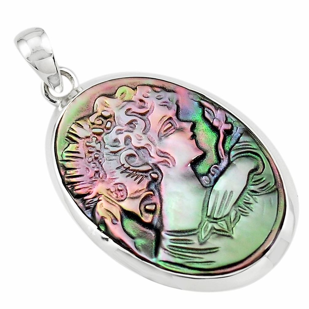 16.73cts lady face natural titanium cameo on shell 925 silver pendant p80216