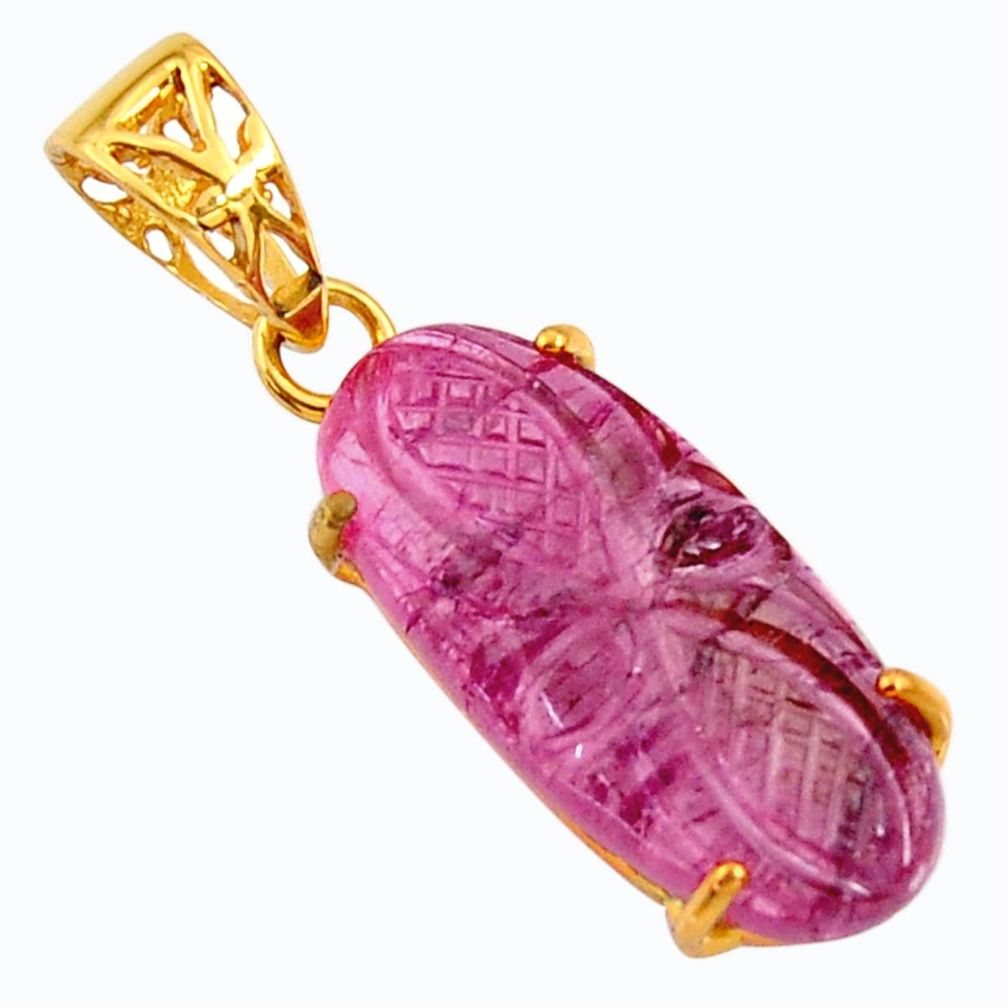 10.33ct pink carving natural tourmaline 14k gold over 925 silver pendant r29142