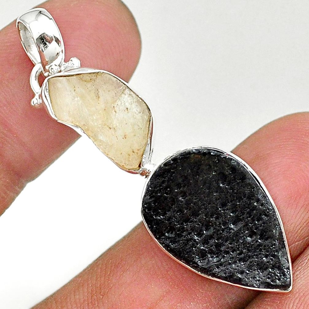 12.55ct natural black libyan desert glass gold tektite 925 silver pendant t14225