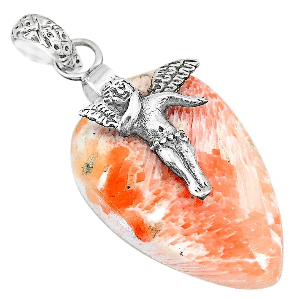 19.61c orange scolecite high vibration crystal silver cupid angel pendant r90820