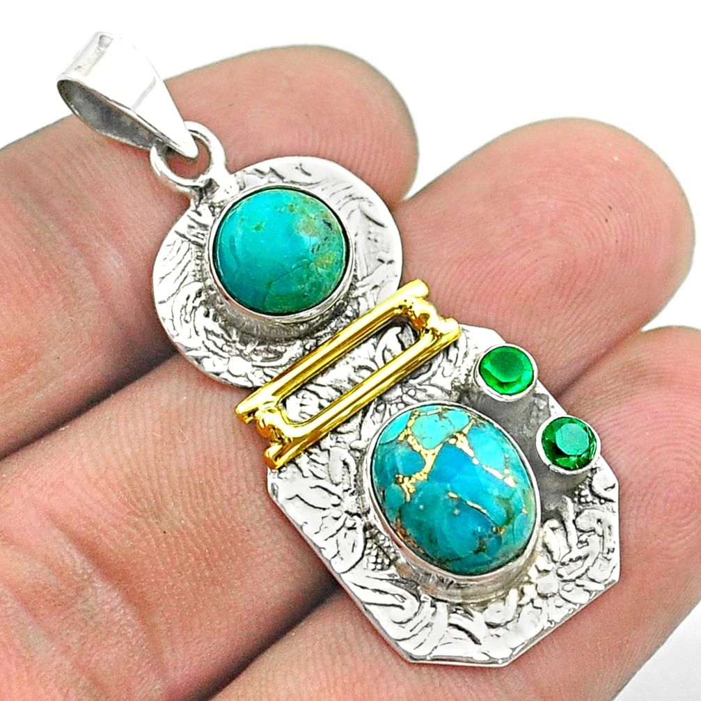 7.24cts 2 stone blue copper turquoise 925 silver 14k gold pendant t55658