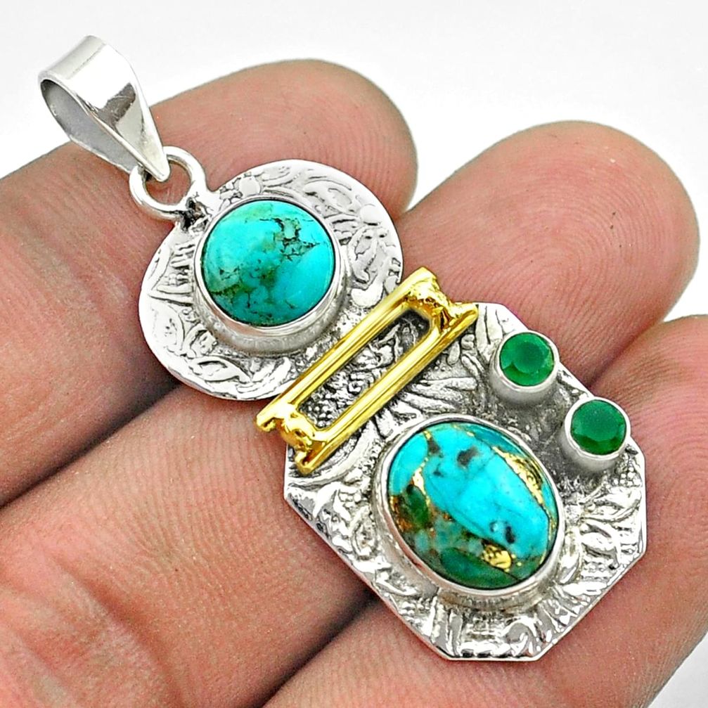 7.83cts 2 stone blue copper turquoise 925 silver 14k gold pendant t55663