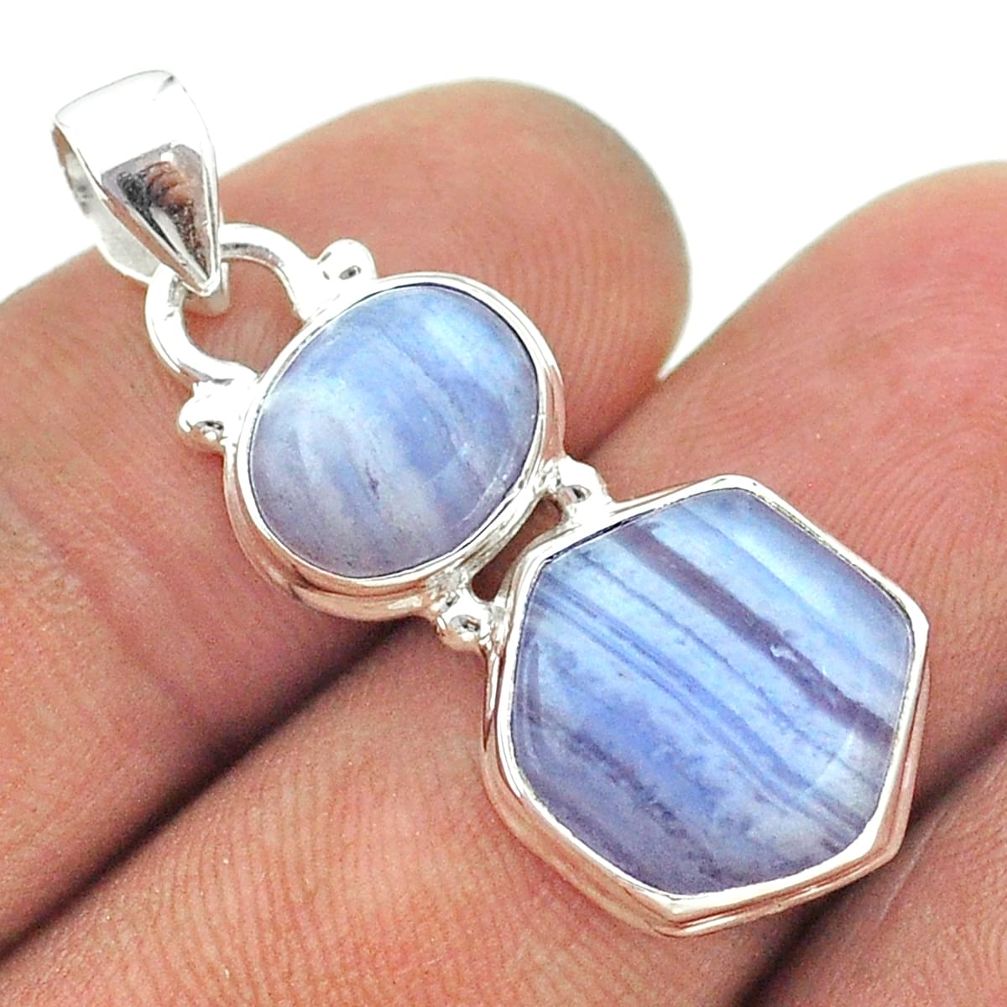 9.61cts 2 stone natural blue lace agate 925 silver hexagon pendant t55185