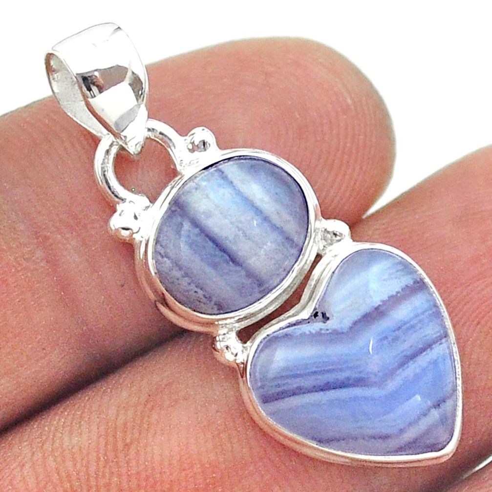 9.18cts 2 stone natural blue lace agate heart 925 silver pendant jewelry t55169