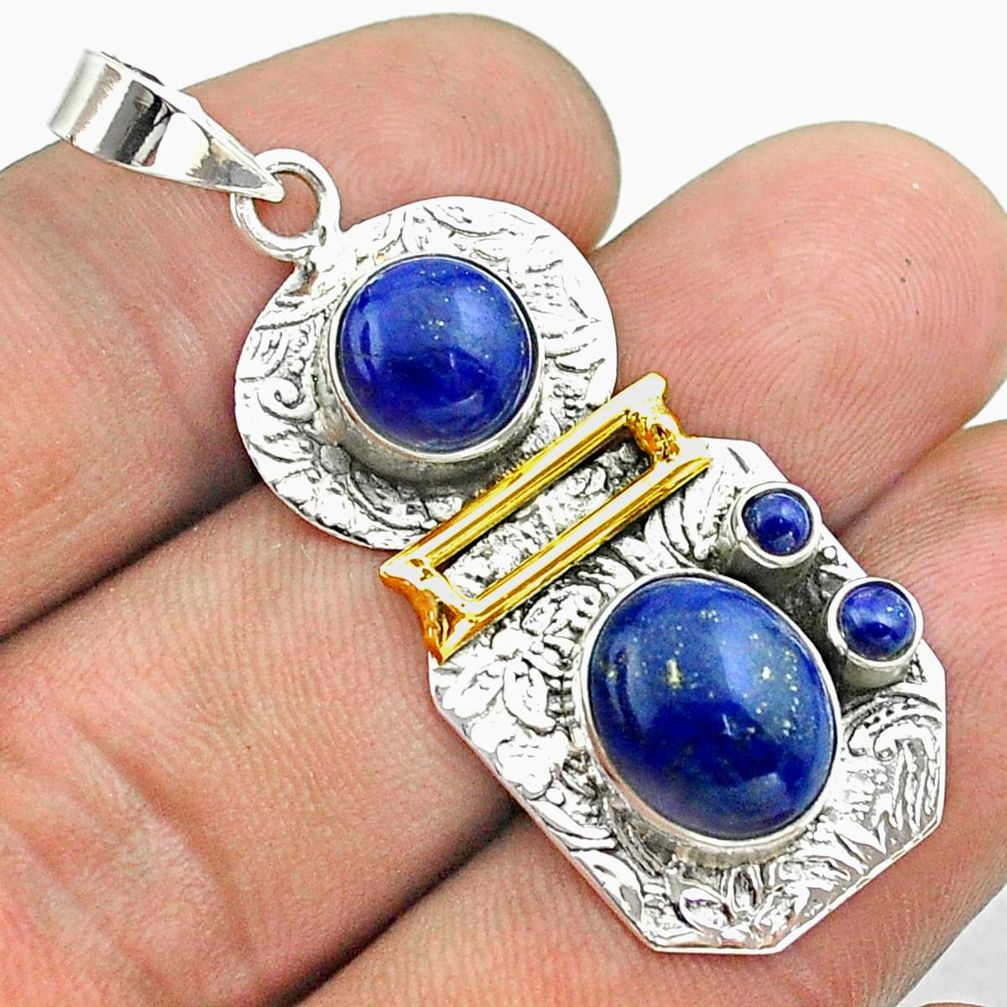 7.51cts 2 stone natural blue lapis lazuli 925 silver 14k gold pendant t55648