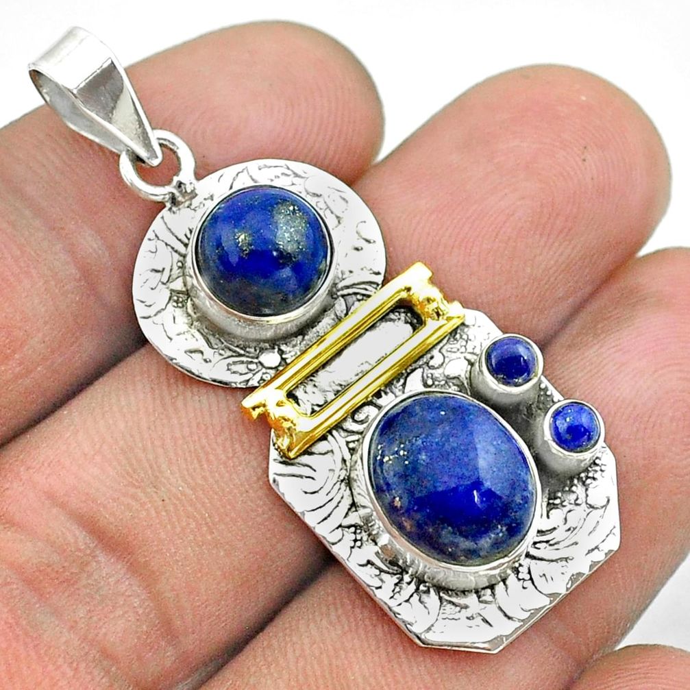 7.78cts 2 stone natural blue lapis lazuli 925 silver 14k gold pendant t55664