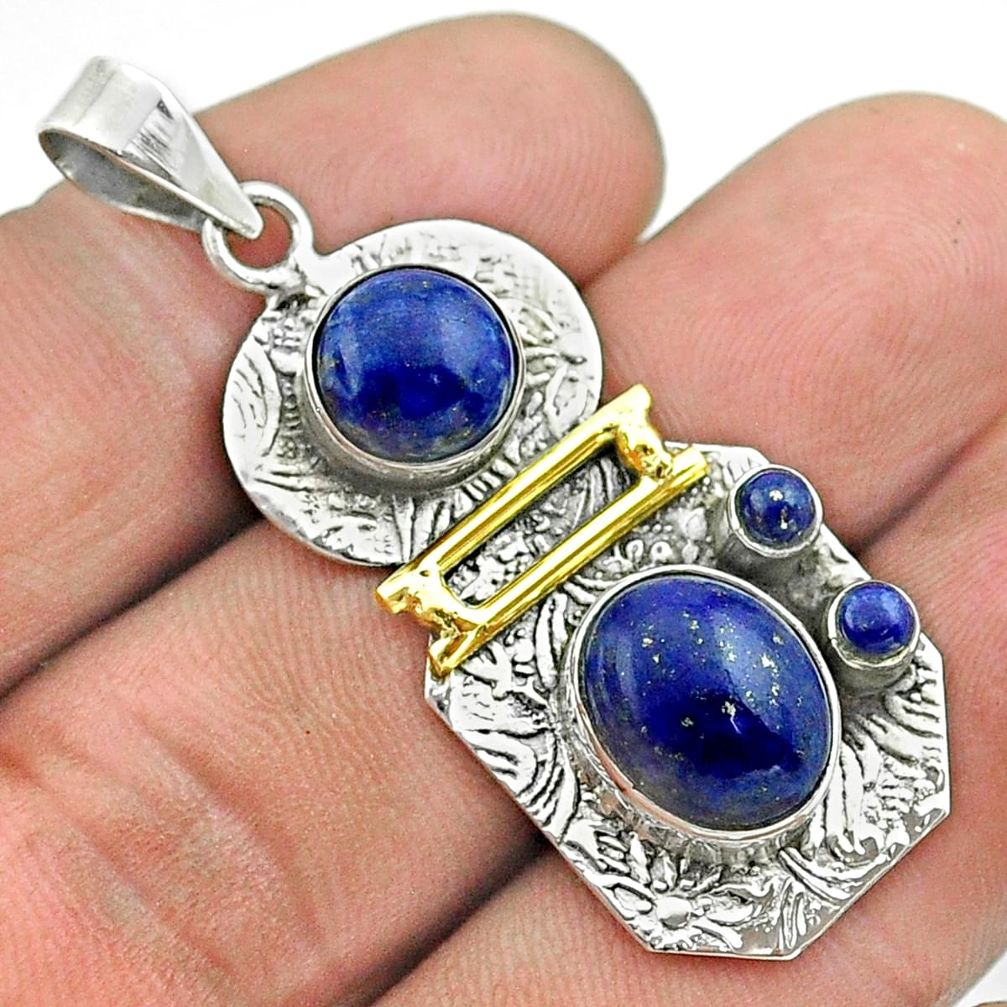 7.78cts 2 stone natural blue lapis lazuli 925 silver 14k gold pendant t55669