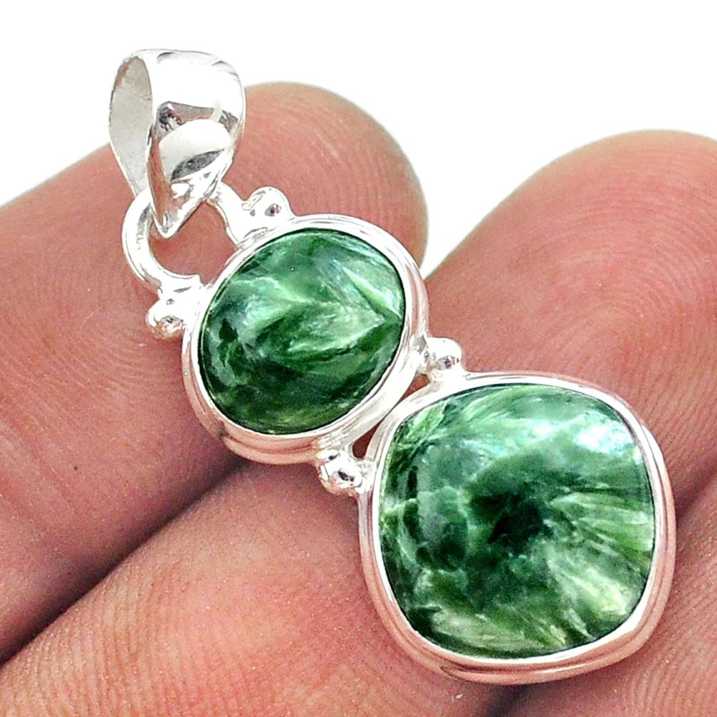 10.02cts 2 stone natural green seraphinite (russian) 925 silver pendant t55178