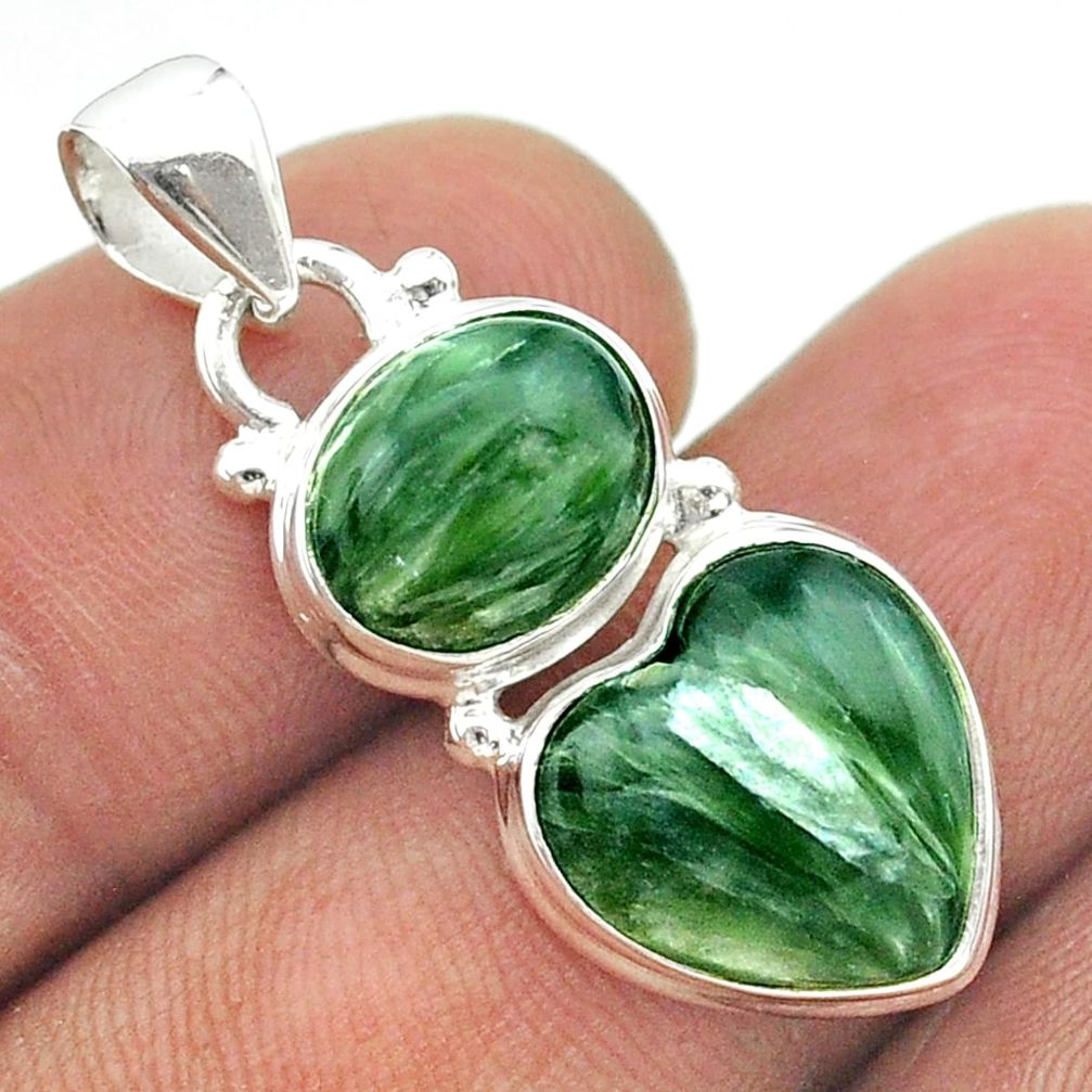 8.73cts 2 stone natural green seraphinite (russian) 925 silver pendant t55201