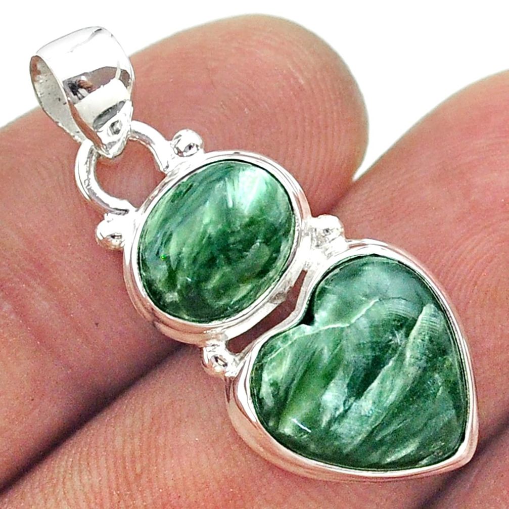 9.59cts 2 stone natural green seraphinite heart 925 silver pendant t55166