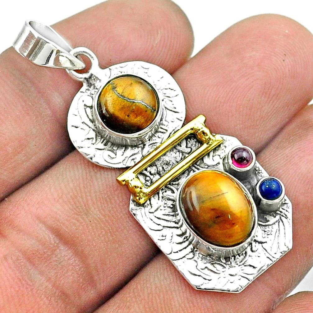 7.74cts 2 stone natural tiger's eye garnet 925 silver 14k gold pendant t55642