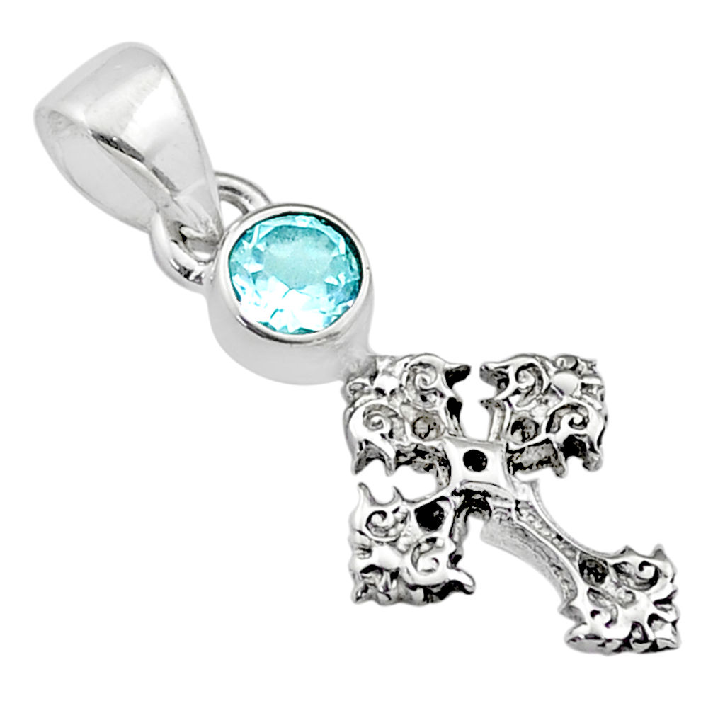 1.00cts holy cross pendant natural blue topaz 925 silver pendant