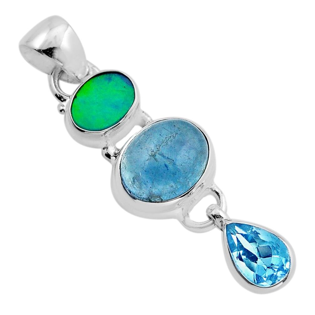 7.59cts 3 stone aquamarine doublet opal australian topaz silver pendant y85654