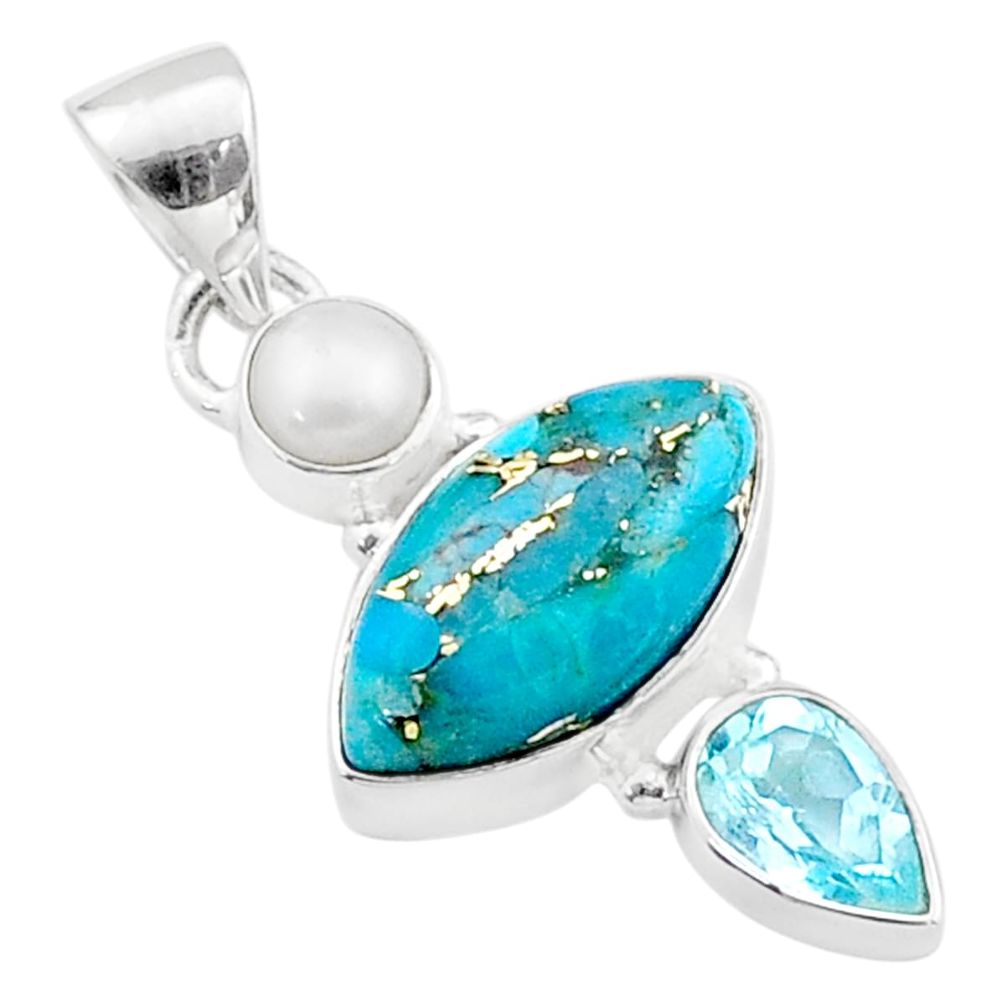 9.27cts 3 stone blue copper turquoise topaz pearl 925 silver pendant t64720