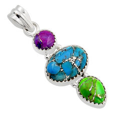 8.89cts 3 stone blue green purple copper turquoise oval 925 silver pendant n1235