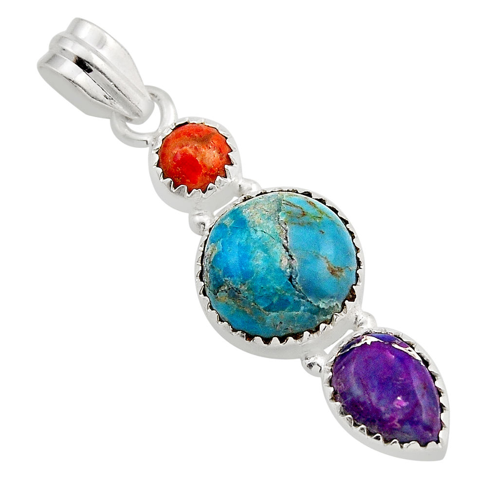 6.72cts 3 stone blue purple red copper turquoise sterling silver pendant n1229