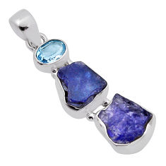 9.18cts 3 stone blue tanzanite rough fancy shape topaz 925 silver pendant n22394