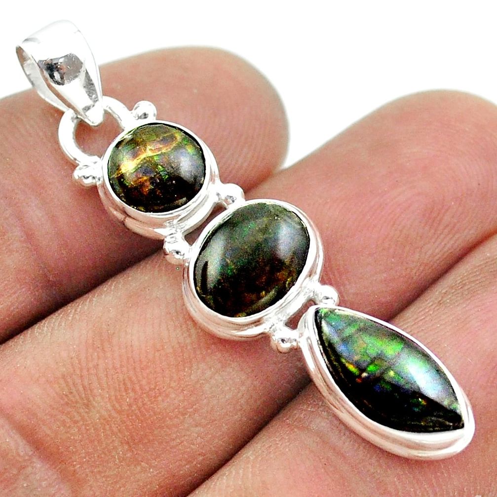 10.27cts 3 stone natural ammolite (canadian) 925 silver pendant jewelry t54942