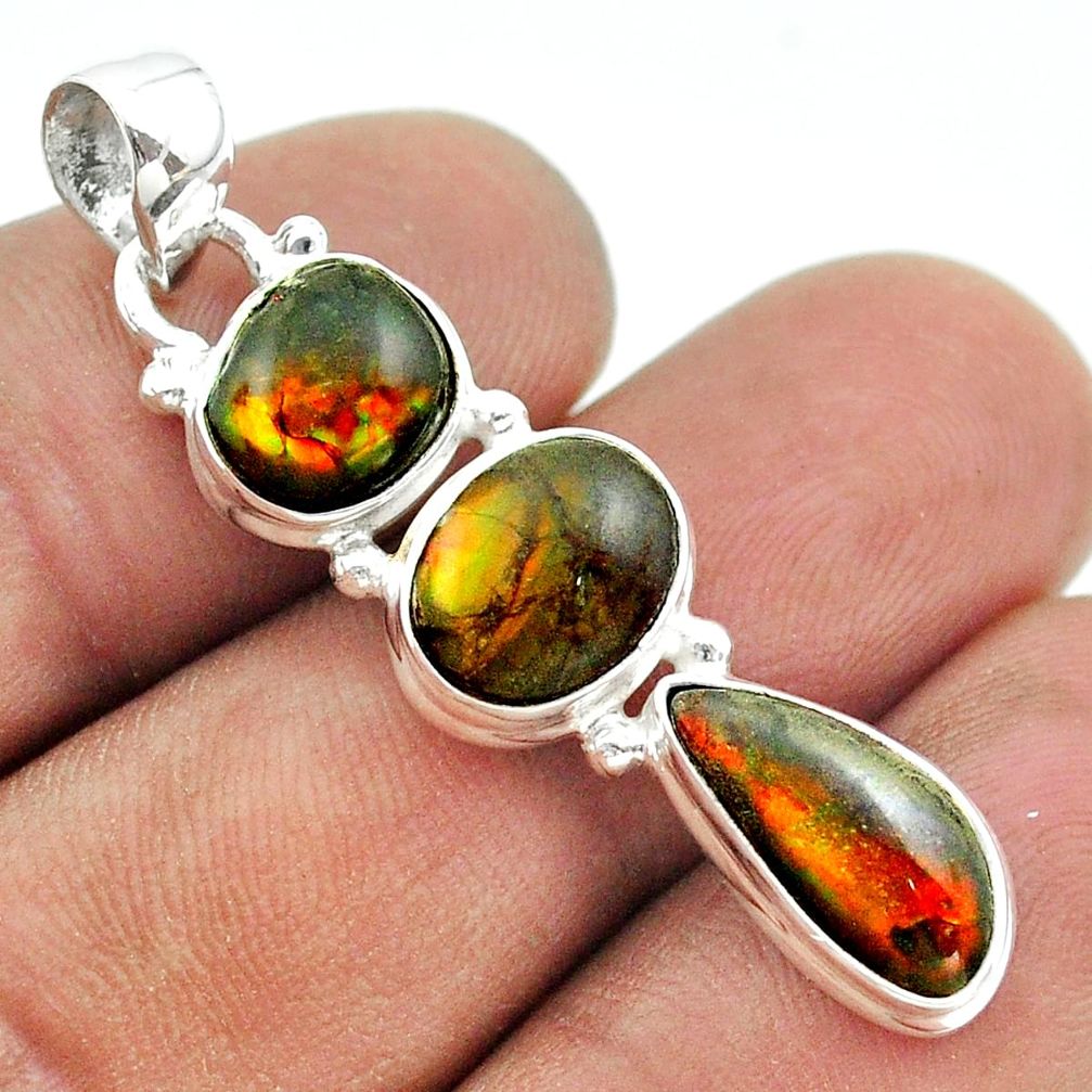 10.71cts 3 stone natural ammolite (canadian) 925 silver pendant jewelry t54947