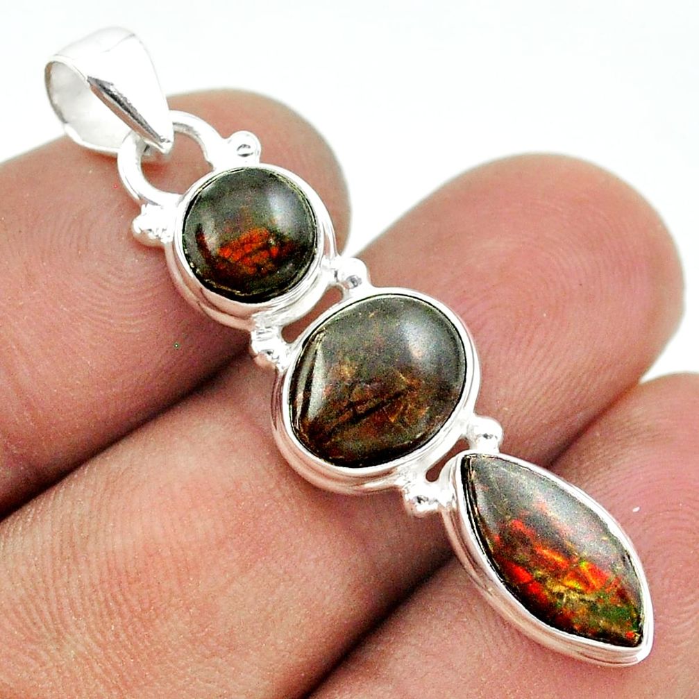 10.71cts 3 stone natural ammolite (canadian) 925 silver pendant jewelry t54952