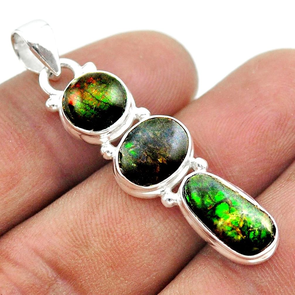 10.32cts 3 stone natural ammolite (canadian) 925 silver pendant jewelry t54996