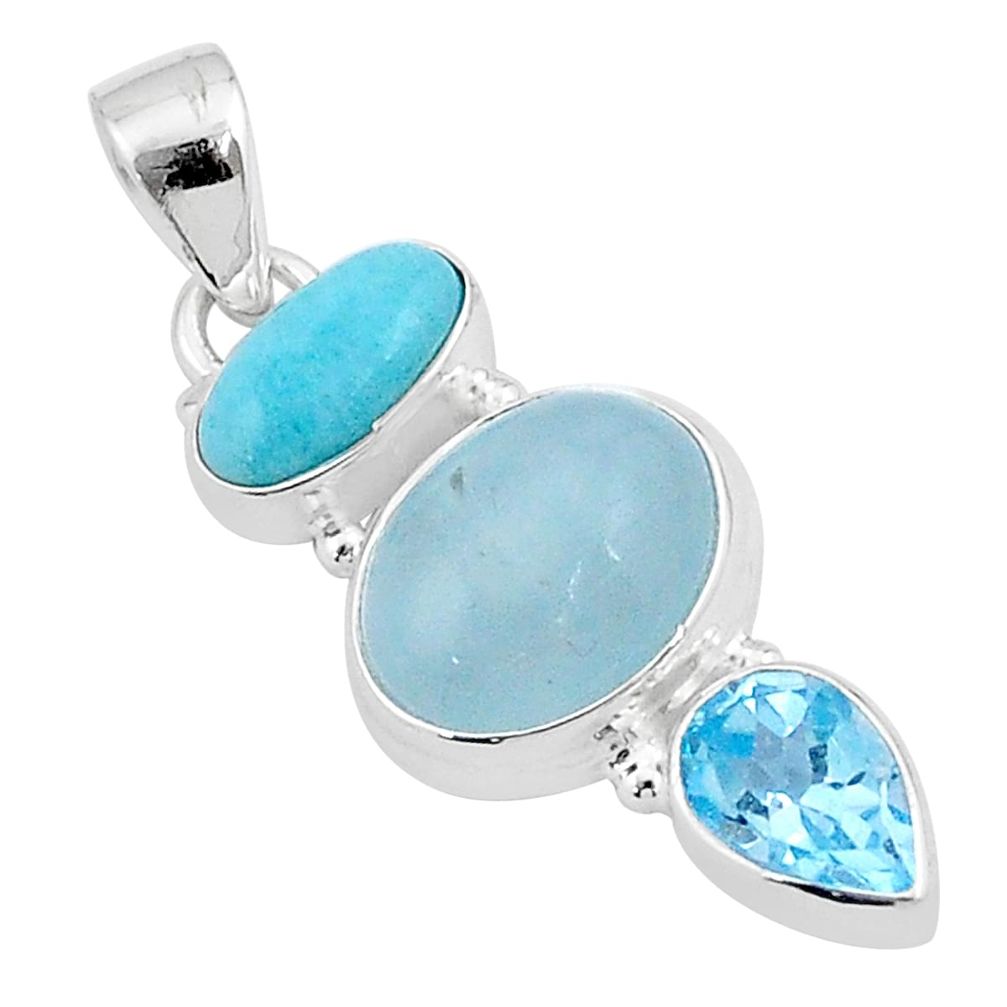 11.07cts 3 stone natural blue aquamarine larimar 925 silver pendant u25886