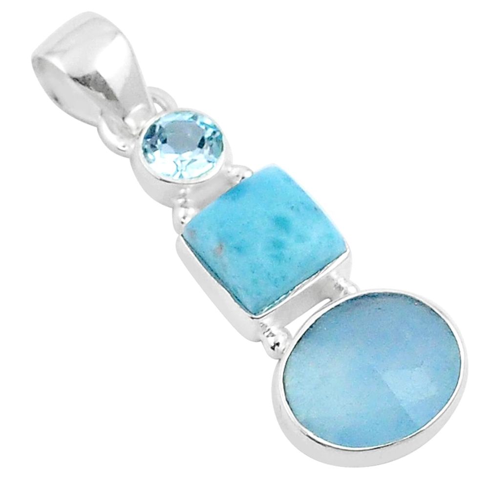 8.56cts 3 stone sea life natural blue aquamarine larimar topaz 925 silver pendant u20812