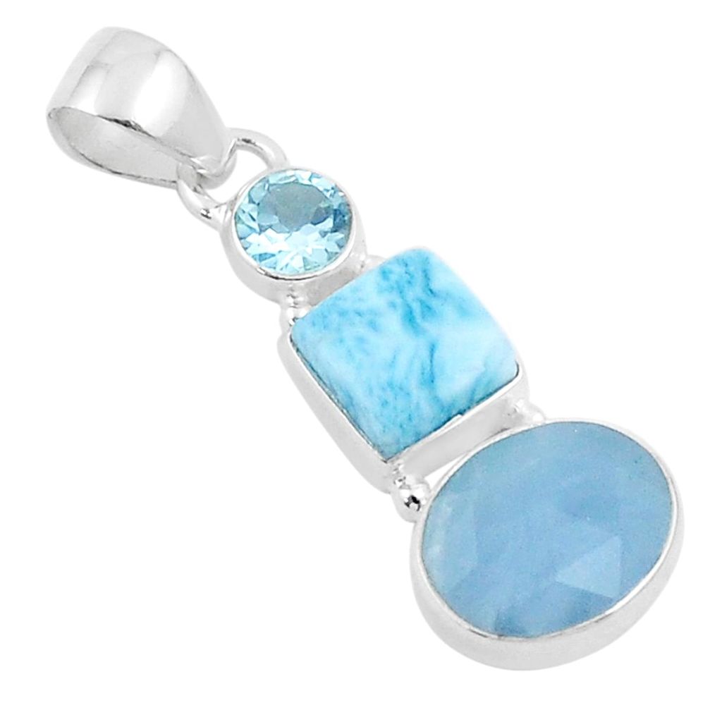 8.38cts 3 stone natural blue aquamarine larimar topaz 925 silver pendant u20813